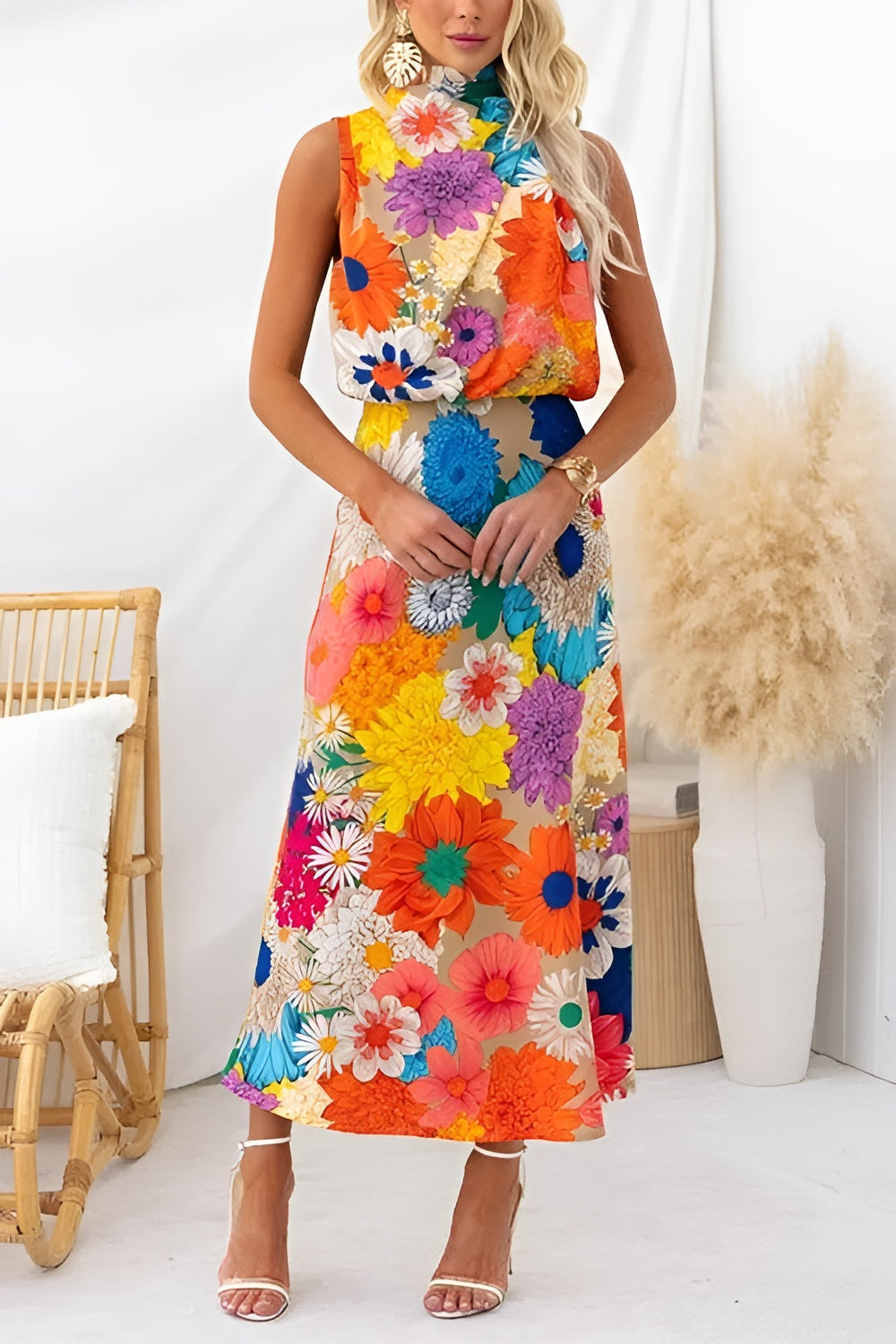 Sommer | Ärmelloses Maxikleid mit Bindeband und Blumenmuster