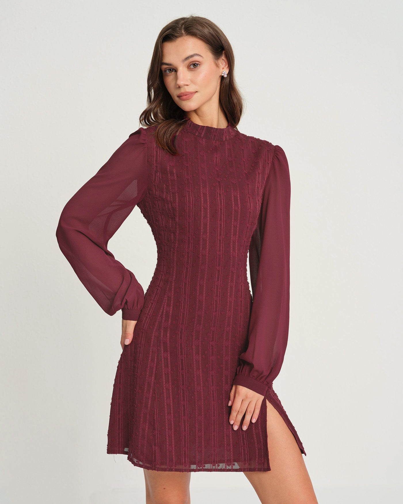Wine Red Chiffon Mini Dress with Mock Neck
