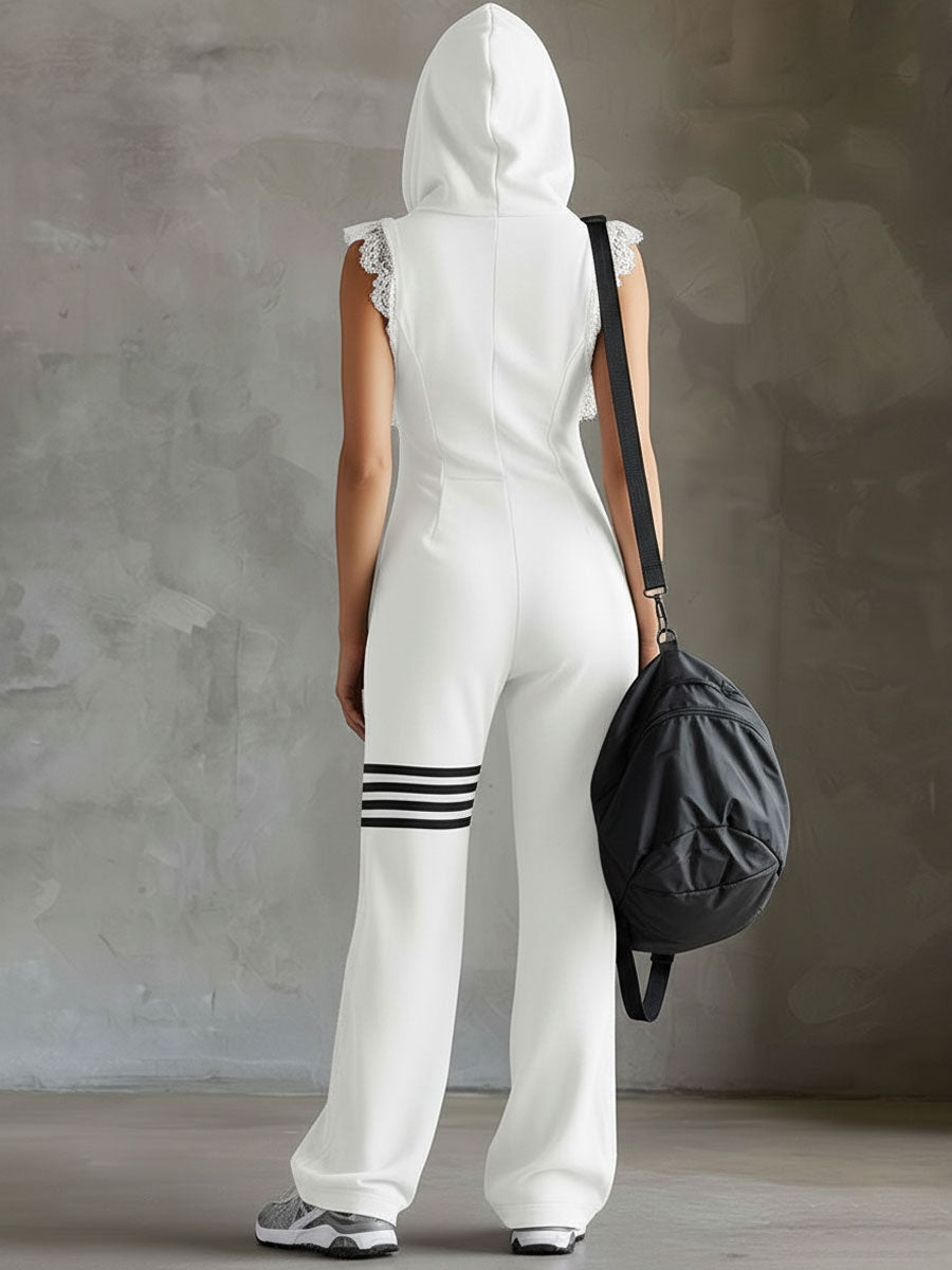Danielle - Retro Sport-Jumpsuit mit Kapuze und Streifen