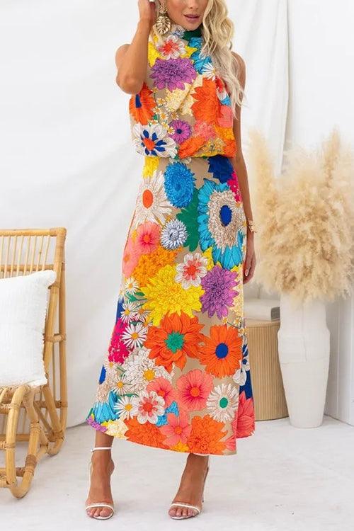 Sommer | Ärmelloses Maxikleid mit Bindeband und Blumenmuster