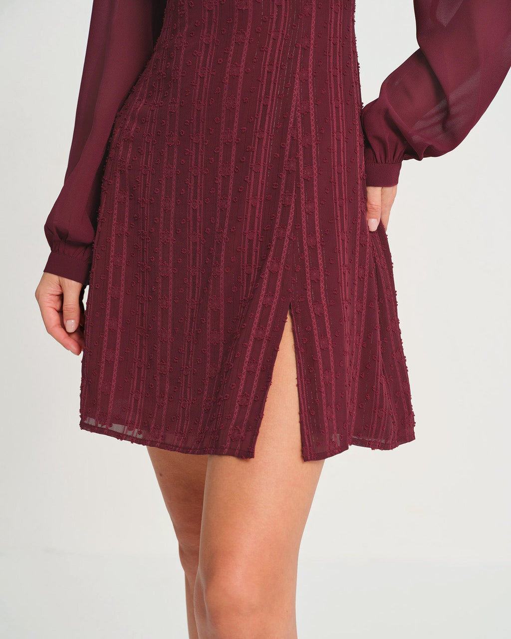 Wine Red Chiffon Mini Dress with Mock Neck