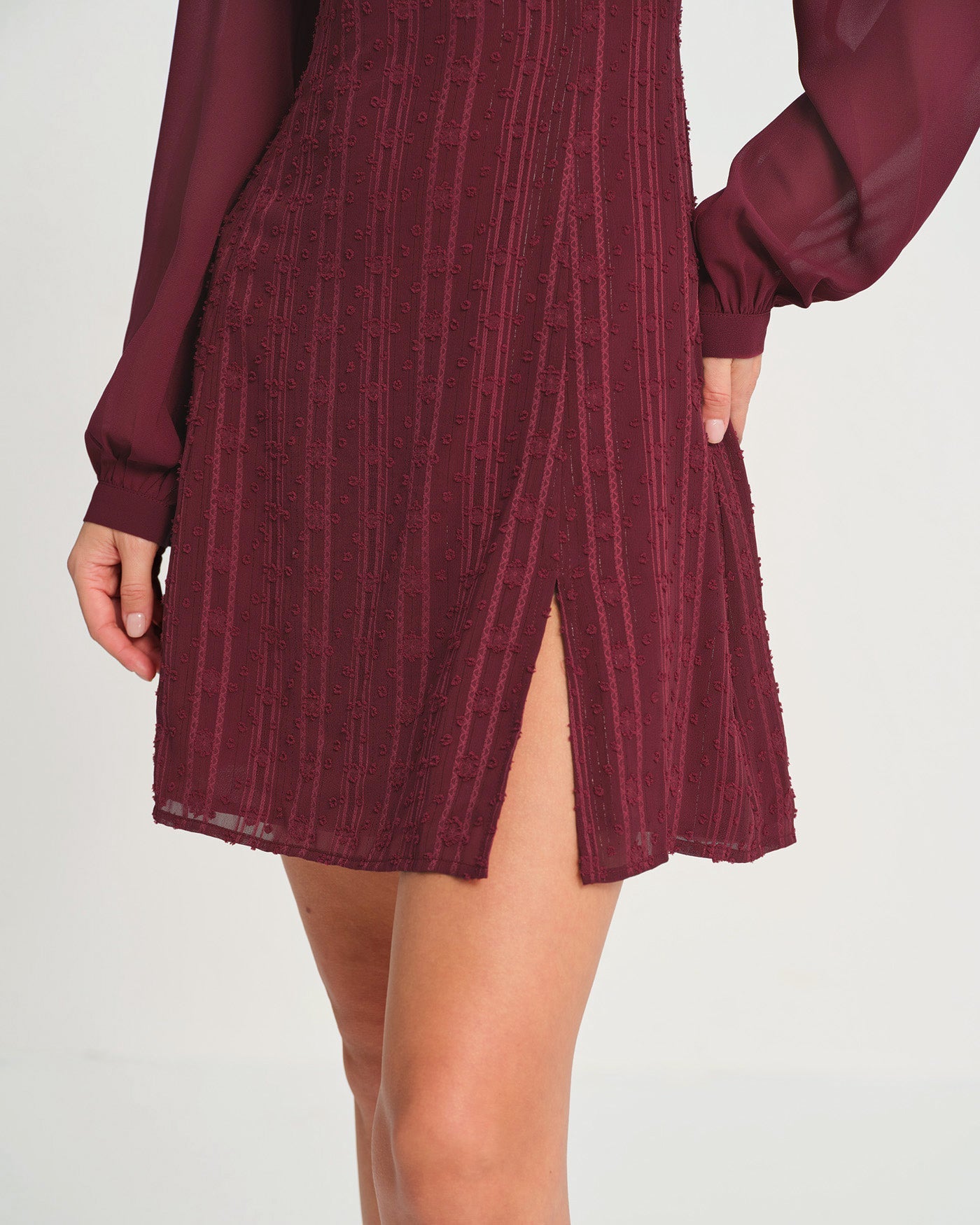 Wine Red Chiffon Mini Dress with Mock Neck