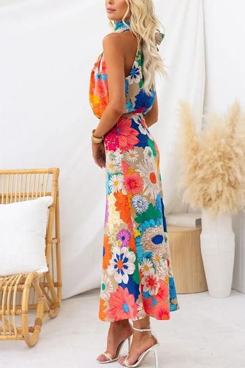 Sommer | Ärmelloses Maxikleid mit Bindeband und Blumenmuster