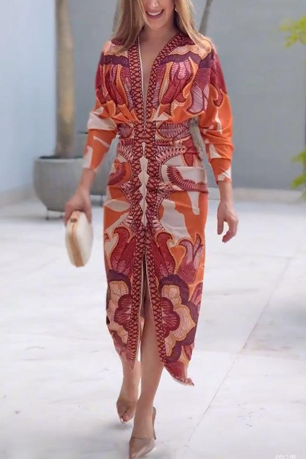Eva | Sun Escape Einzigartiges Print Dolman Midi Kleid