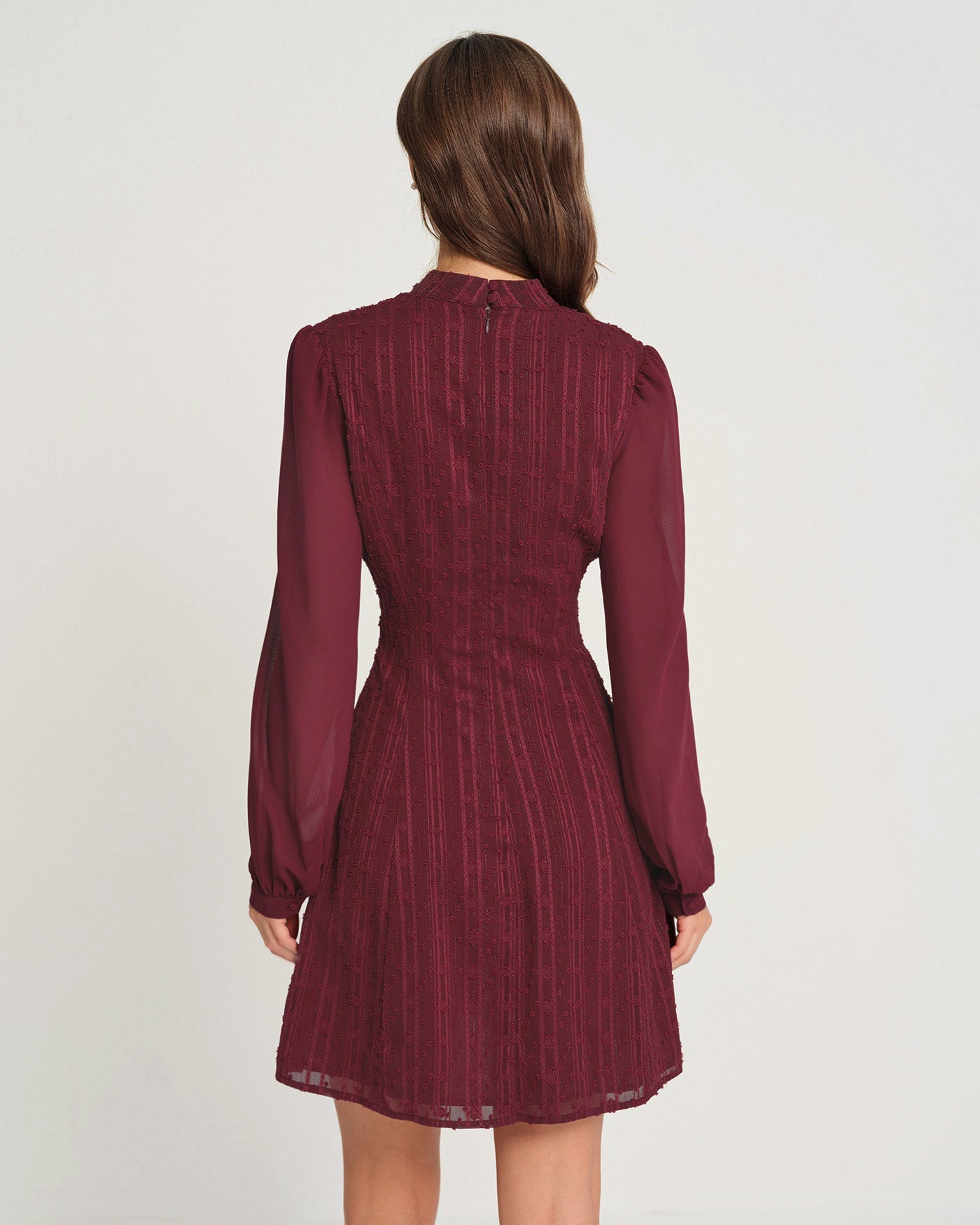 Wine Red Chiffon Mini Dress with Mock Neck