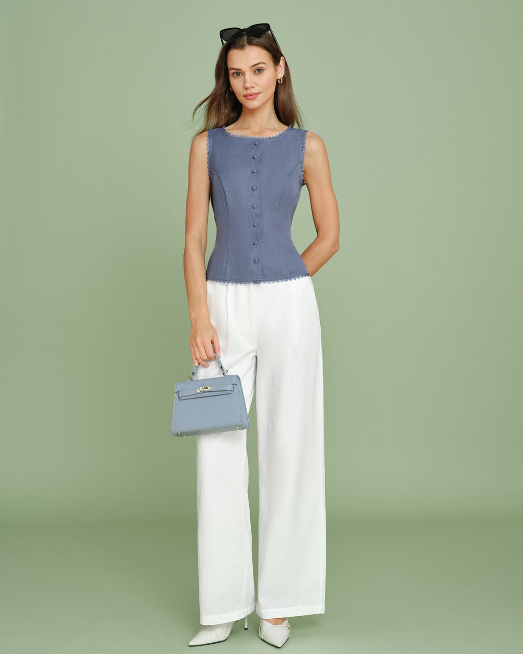 Blue Boat Neck Button-Up Vest