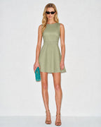 Emerald Boat Neck Satin Mini Dress with Pearl Accents