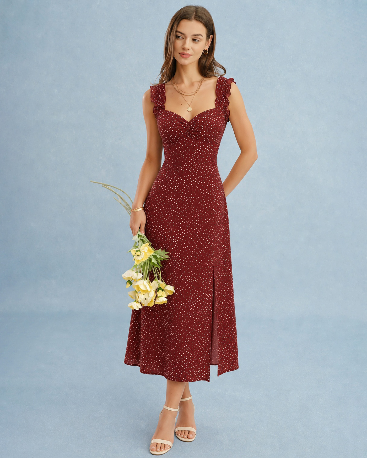 Red Midi Dress with Frill Trim and Side Split