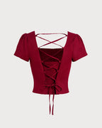 Red Square Neck Blouse with Cross Tie Detail