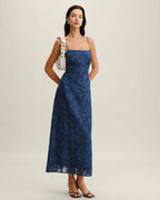 Navy Jacquard Backless Maxi Dress with Slip Design
