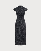 Polka Dot Midi Dress with Black Mandarin Collar