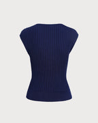 Blue Ribbed Cap Sleeve Knit Tee with Boat Neck