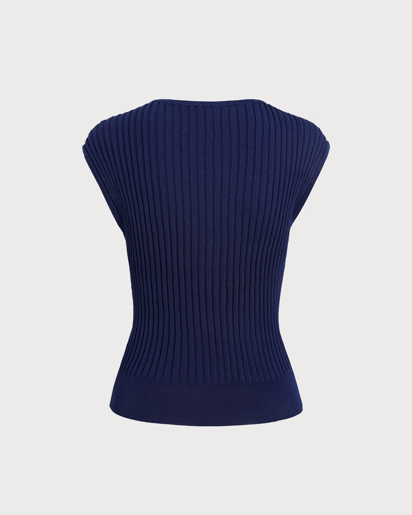 Blue Ribbed Cap Sleeve Knit Tee with Boat Neck
