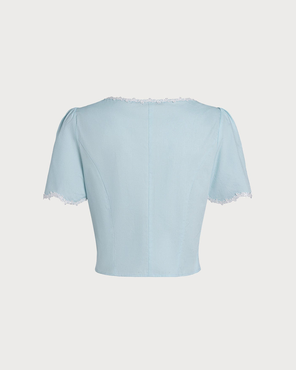 Light Blue Lace-Trimmed Square Neck Button-Up Shirt