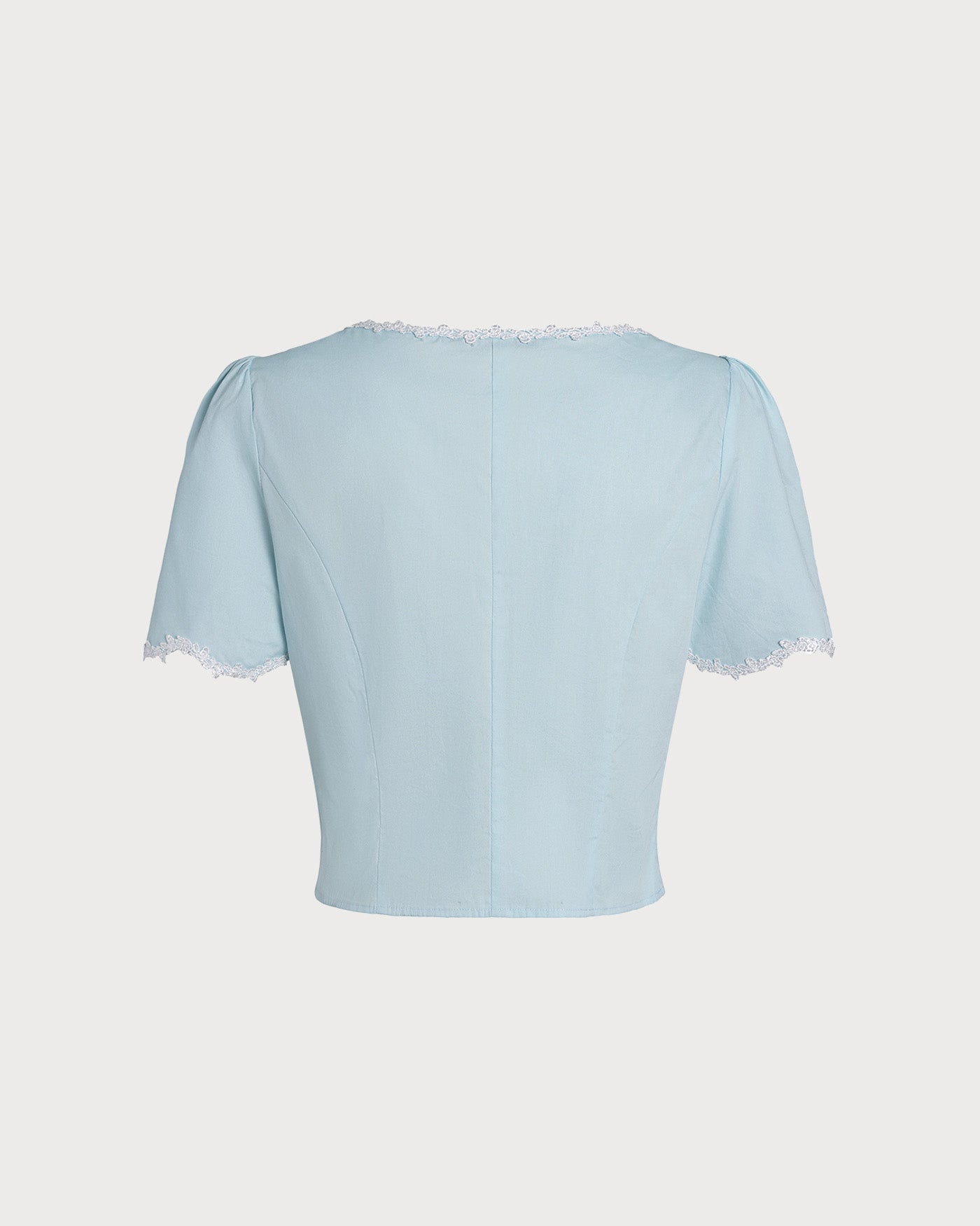 Light Blue Lace-Trimmed Square Neck Button-Up Shirt