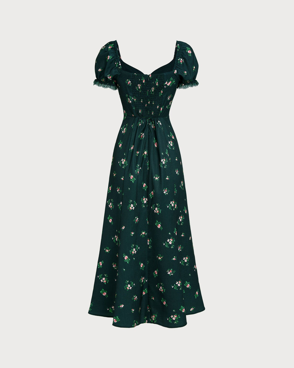 Floral Midi Dress with Green Puffed Sleeves