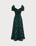 Floral Midi Dress with Green Puffed Sleeves