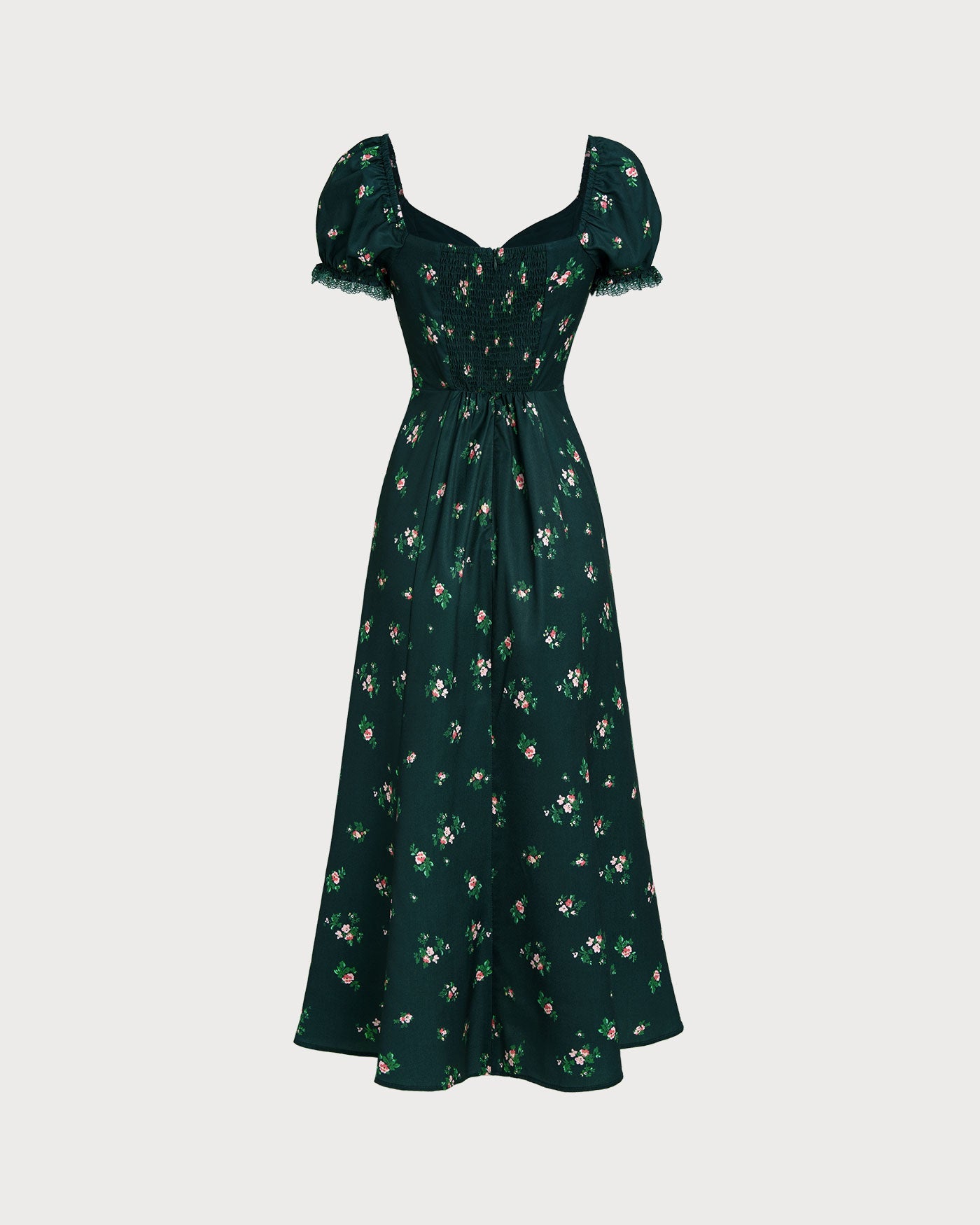 Floral Midi Dress with Green Puffed Sleeves
