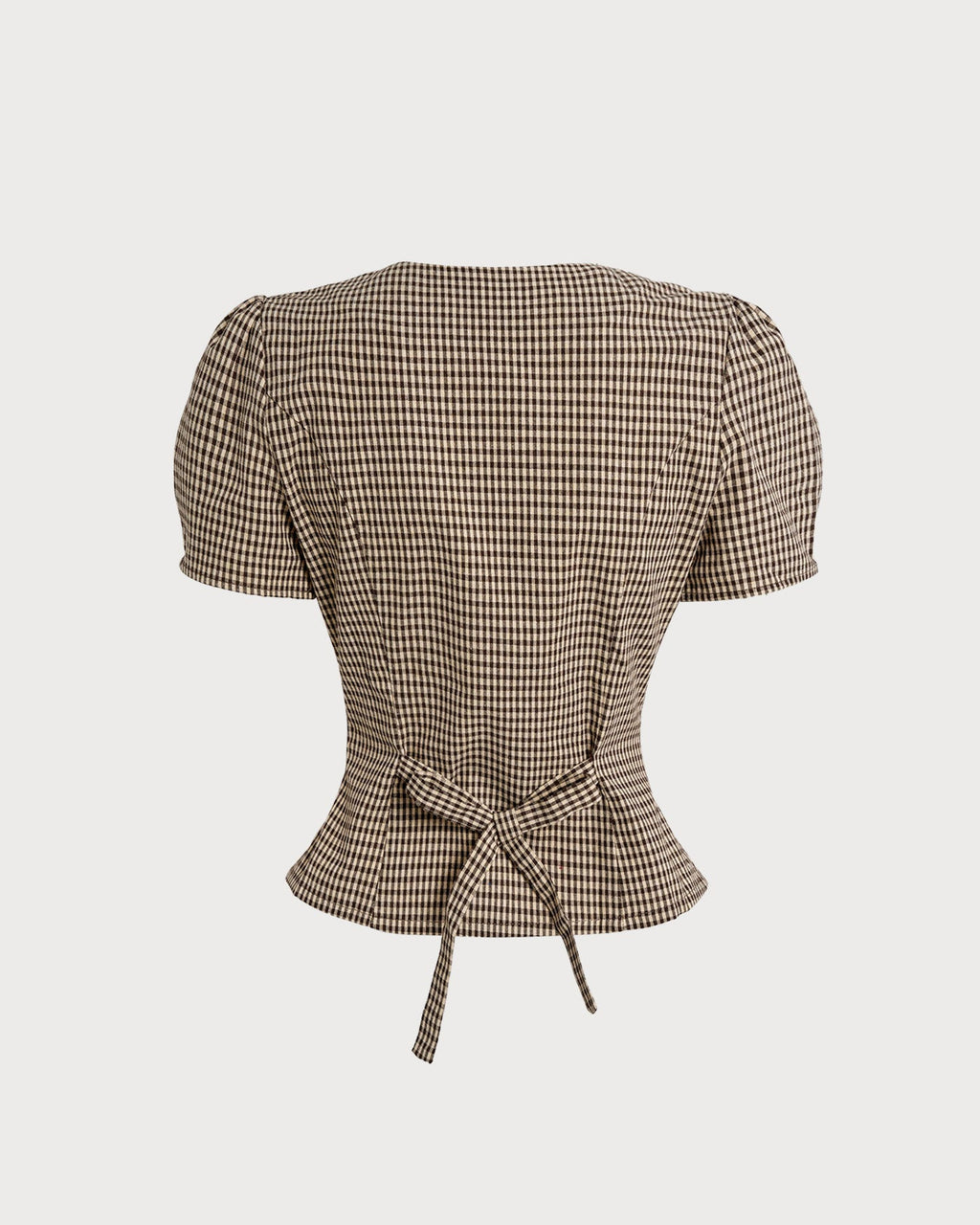 Brown Checkered Puff Sleeve Top