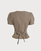 Brown Checkered Puff Sleeve Top