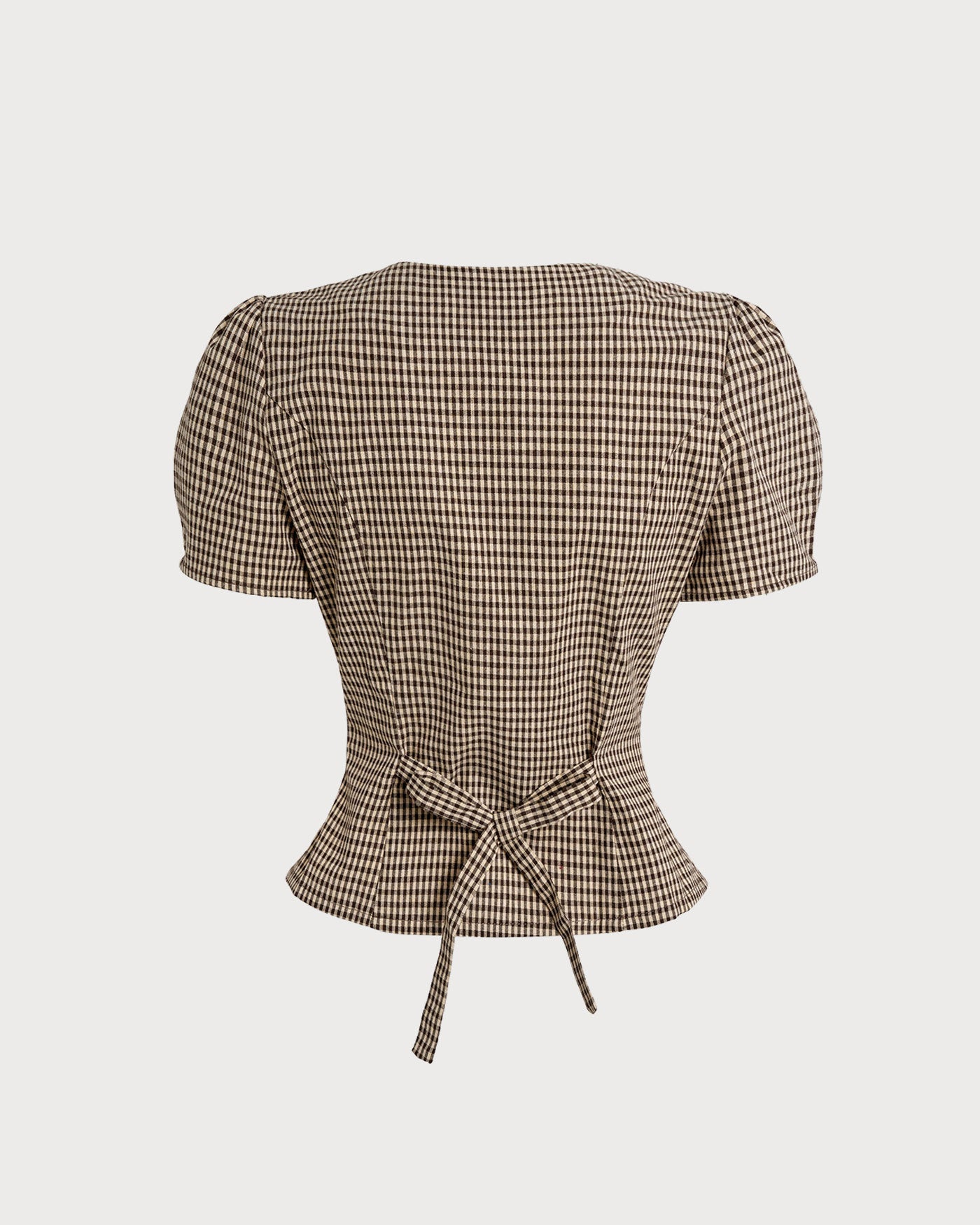 Brown Checkered Puff Sleeve Top