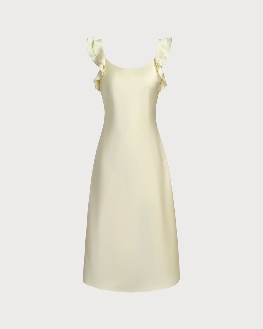Yellow Satin Midi Dress with Square Neck and Ruffle Details