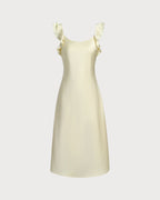 Yellow Satin Midi Dress with Square Neck and Ruffle Details
