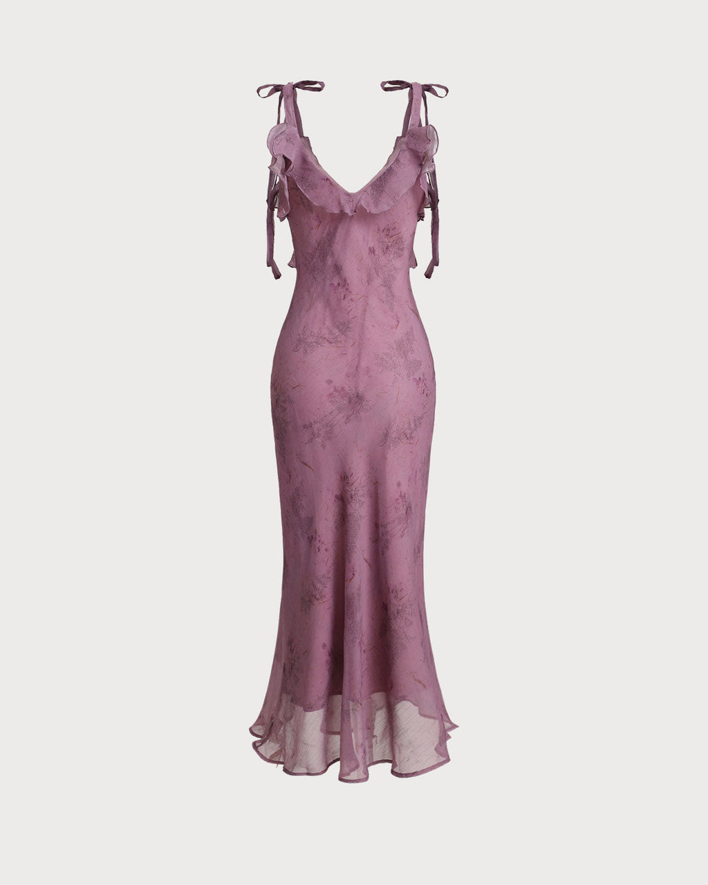 Floral Print Midi Dress with Ruffled Tie Straps in Purple