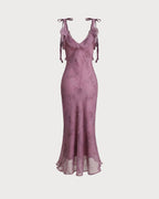 Floral Print Midi Dress with Ruffled Tie Straps in Purple