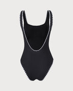 Black Ribbed One-Piece Swimsuit with Contrast Details