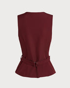 Wine Red Belted Vest with Button Details
