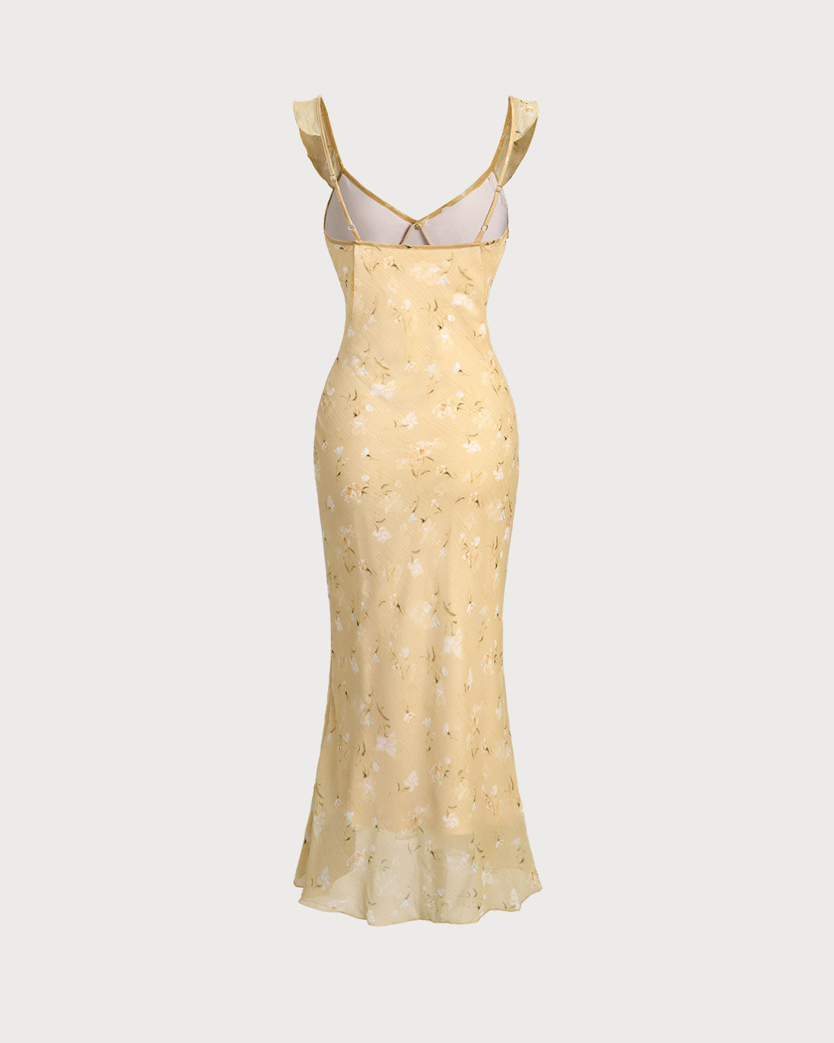 Yellow Floral Ruffled Midi Dress with Ruched Details