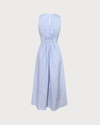Striped Maxi Dress with Blue V-Neck and Shirred Details