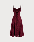 Wine Red Sweetheart Neck Jacquard Midi Slip Dress