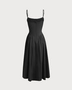 Black Midi Dress with Square Neck and Pocket Details