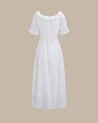 Maxi Dress with White Embroidery and Puffed Sleeves