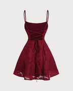 Backless Mini Dress in Wine Red with Floral Design