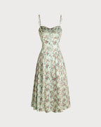 Pleated Midi Dress with Sweetheart Neckline in Green Floral Print