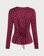 V-Neck Blouse in Wine Red with Polka Dots