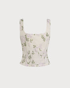 Floral Print Slim Fit Beige Tank Top