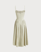 Green Square Neck Midi Dress with Pockets