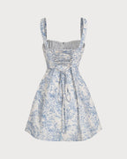 Floral Blue Ruched Corset Mini Dress