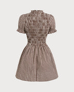Coffee Check Puffed Sleeve Mini Dress