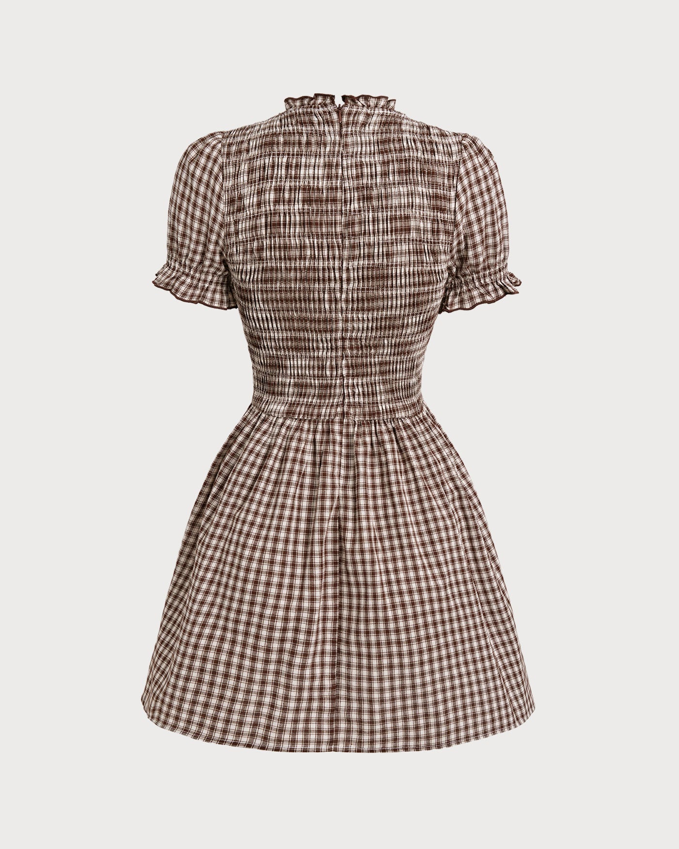 Coffee Check Puffed Sleeve Mini Dress