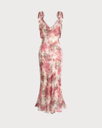 Floral Pink Midi Dress with Ruffled Tie Straps