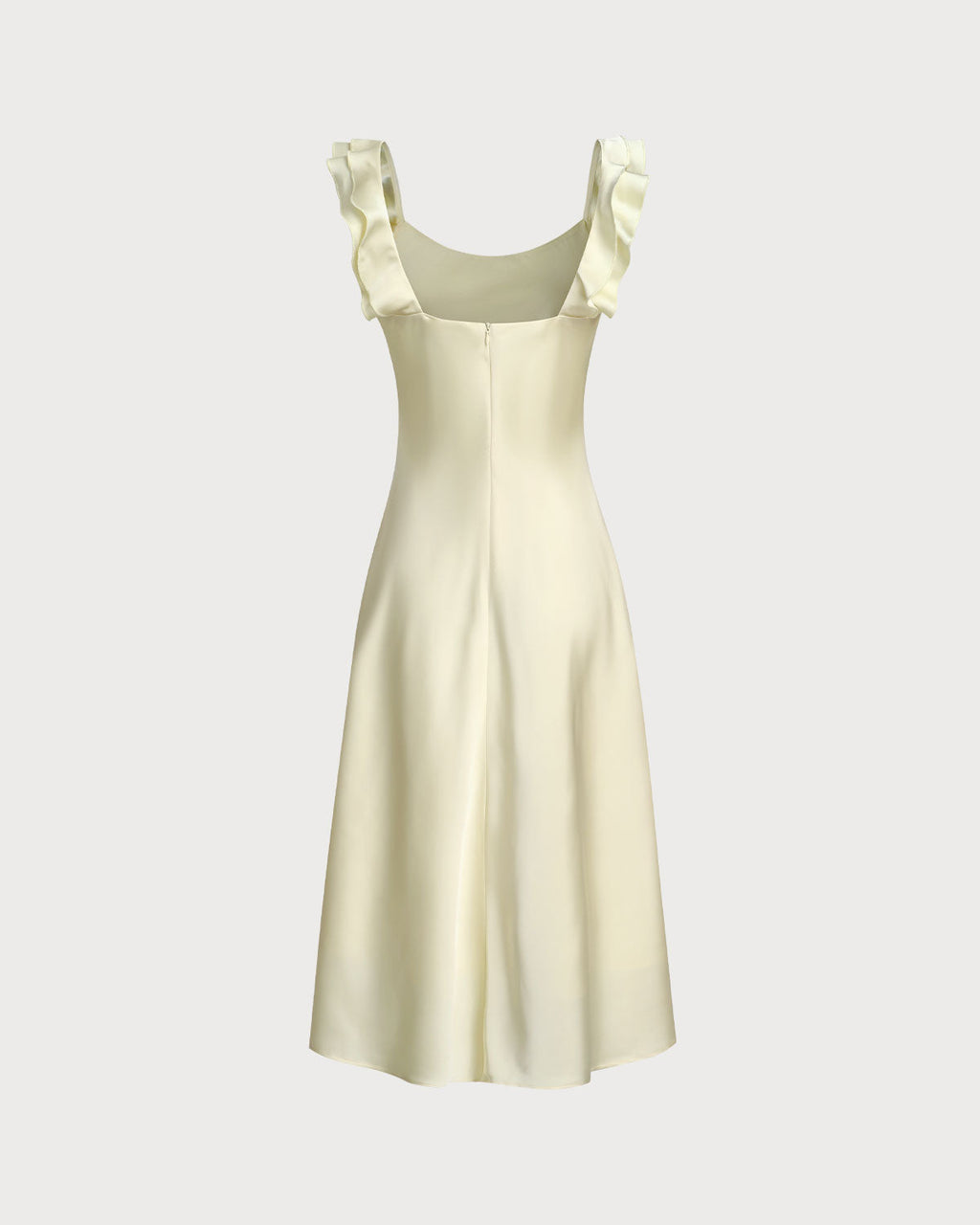 Yellow Satin Midi Dress with Square Neck and Ruffle Details