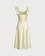 Yellow Satin Midi Dress with Square Neck and Ruffle Details