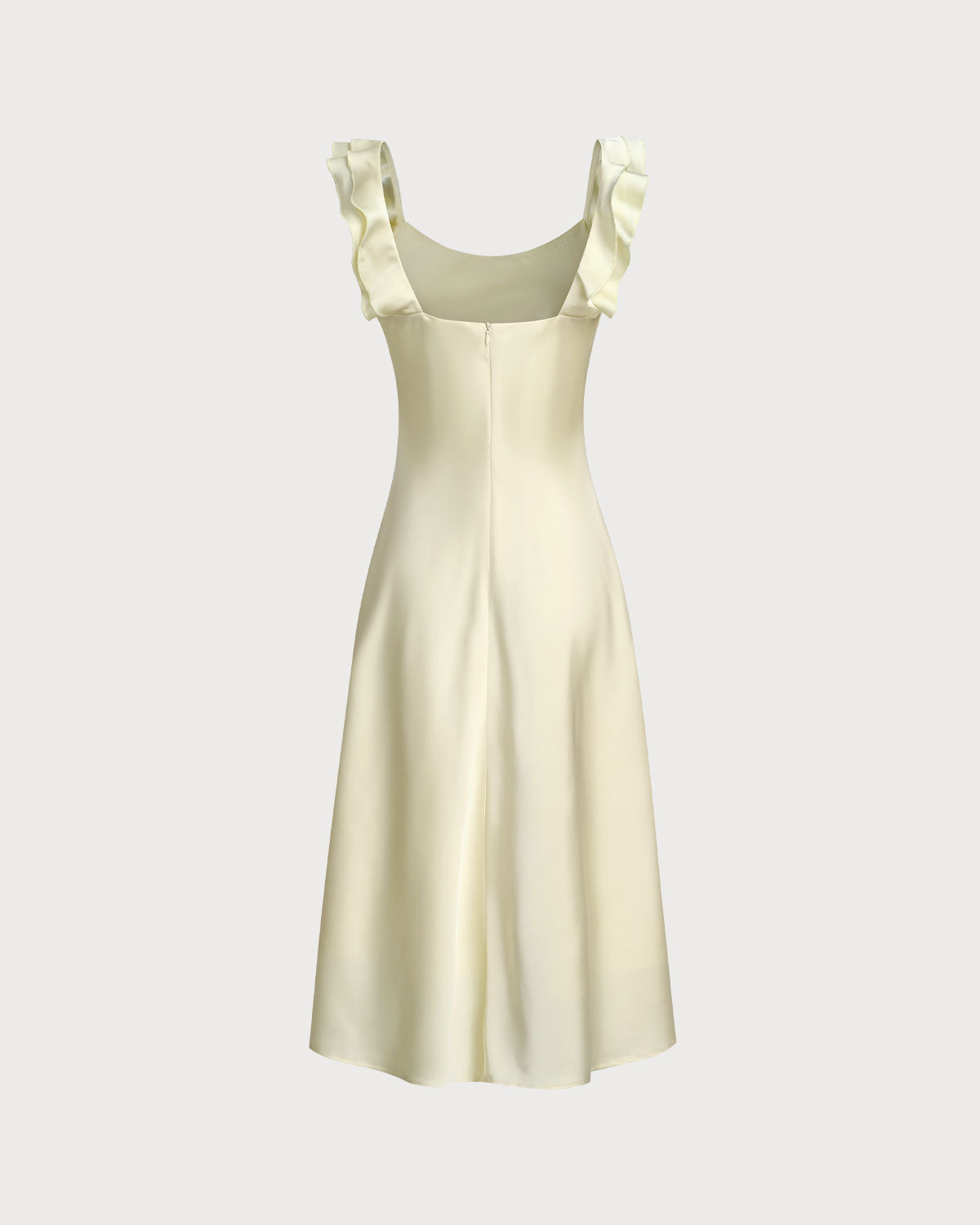 Yellow Satin Midi Dress with Square Neck and Ruffle Details