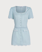 Light Blue Lace-Trimmed Square Neck Button-Up Shirt