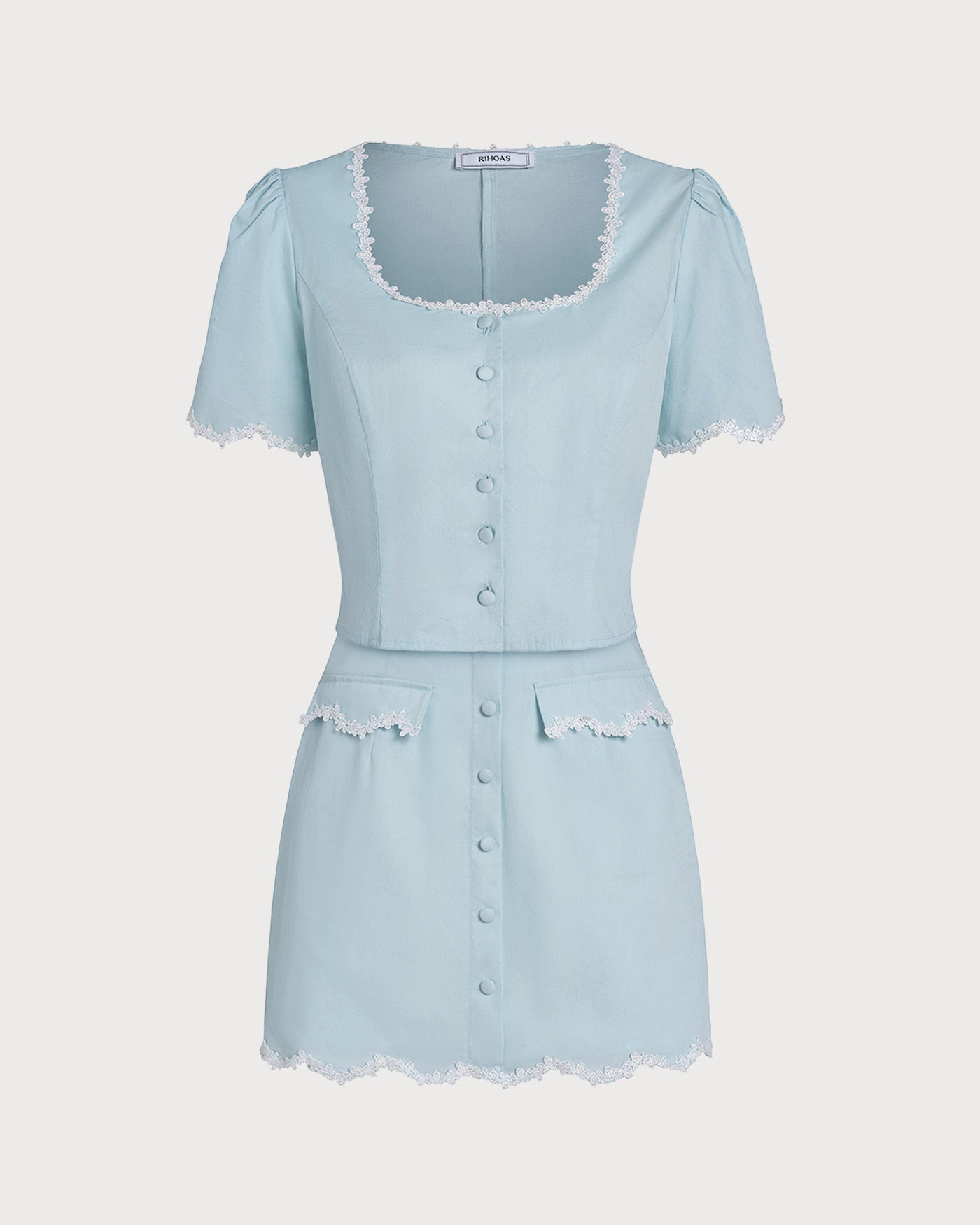 Light Blue Lace-Trimmed Square Neck Button-Up Shirt